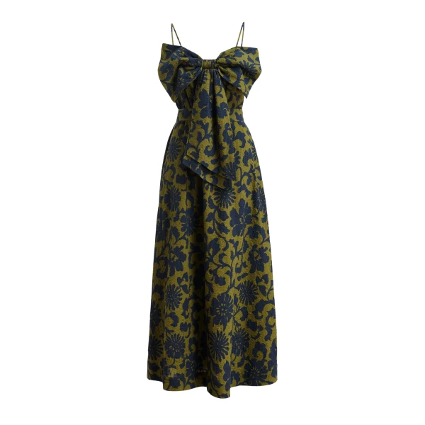 Essentiel Antwerp Green and dark blue floral print babydoll midi dress with bow detail