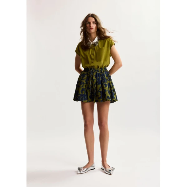 Essentiel Antwerp Green and dark blue floral print cotton shorts, view 2