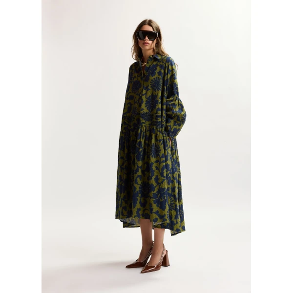 Essentiel Antwerp Green and dark blue floral print shirt dress with pleated waist, view 2