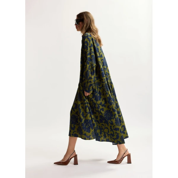 Essentiel Antwerp Green and dark blue floral print shirt dress with pleated waist, view 3