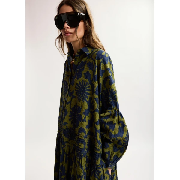 Essentiel Antwerp Green and dark blue floral print shirt dress with pleated waist, view 4