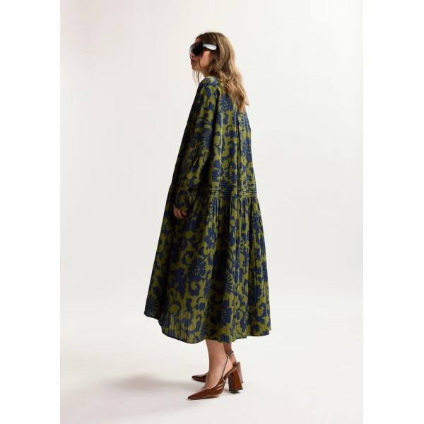 Essentiel Antwerp Green and dark blue floral print shirt dress with pleated waist, view 5
