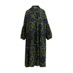 Essentiel Antwerp Green and dark blue floral print shirt dress with pleated waist