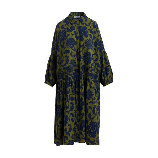 Essentiel Antwerp Green and dark blue floral print shirt dress with pleated waist
