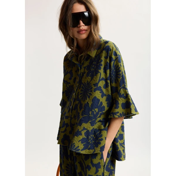 Essentiel Antwerp Green and dark blue peplum cotton shirt with contrasting collar, view 2