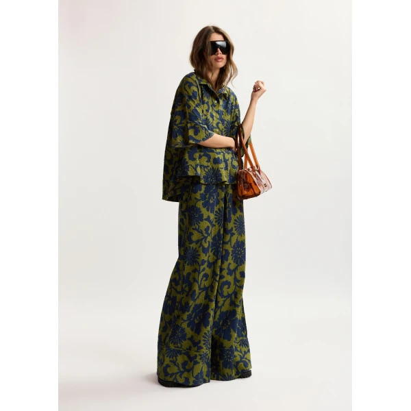 Essentiel Antwerp Green and dark blue peplum cotton shirt with contrasting collar, view 6