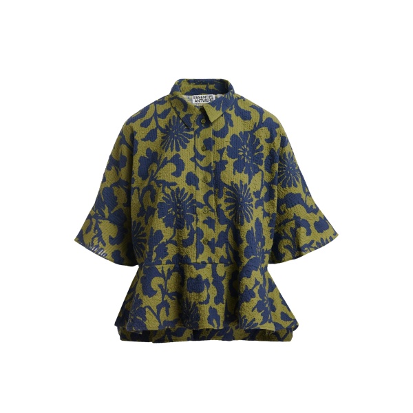 Green and dark blue peplum cotton shirt with contrasting collar