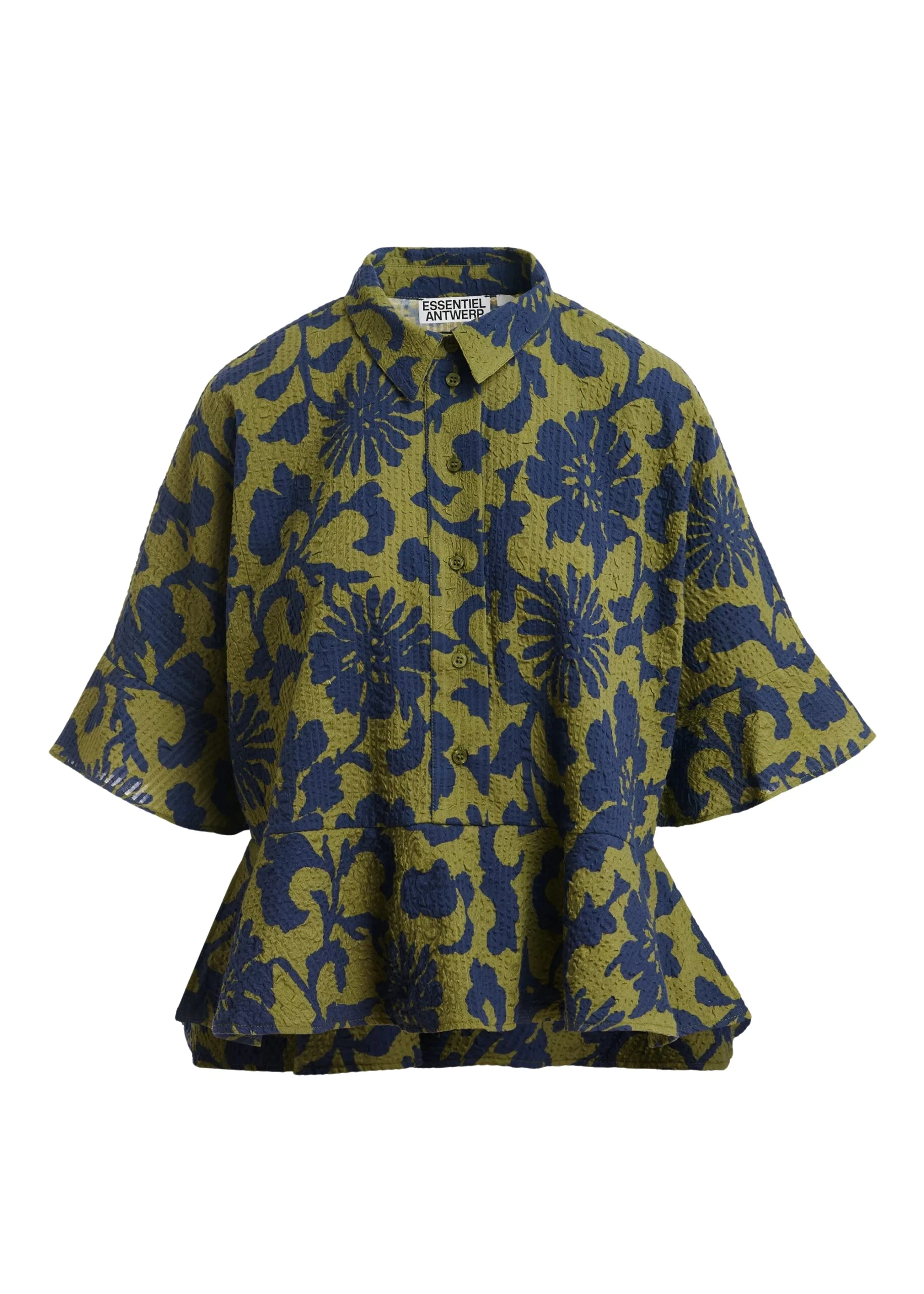 Essentiel Antwerp Green and dark blue peplum cotton shirt with contrasting collar