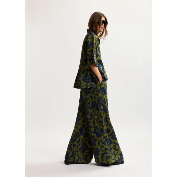 Essentiel Antwerp Green and dark blue wide-leg pants with contrast stitching, view 3