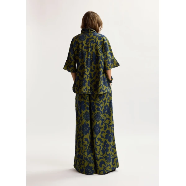 Essentiel Antwerp Green and dark blue wide-leg pants with contrast stitching, view 4
