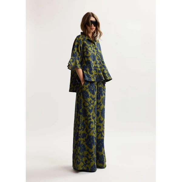 Essentiel Antwerp Green and dark blue wide-leg pants with contrast stitching, view 6