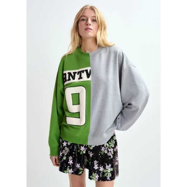 Essentiel Antwerp Green and grey split-panel appliquéd cotton sweatshirt Top, view 2