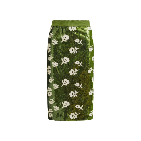 Green and off-white sequin-embellished pencil skirt