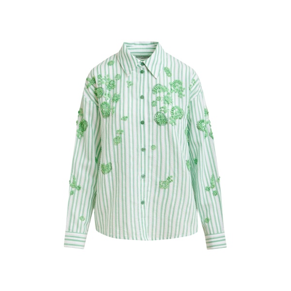 Green and off-white striped cotton shirt with floral sequin and bead embellishments