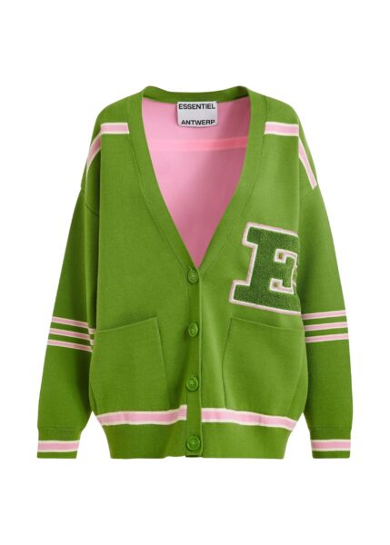 Green appliquéd cardigan with pink stripes
