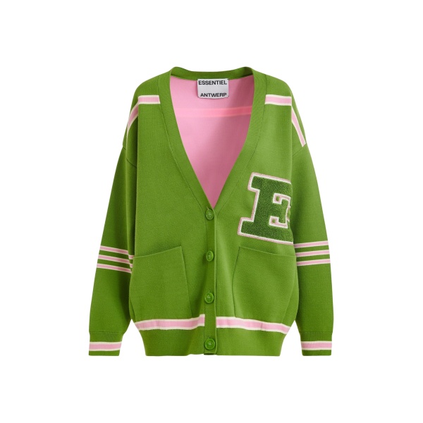 Green appliquéd cardigan with pink stripes