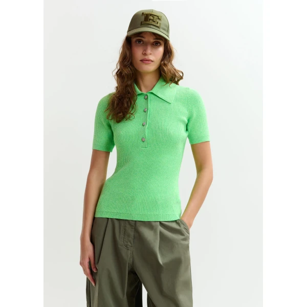 Essentiel Antwerp Green cotton-blend ribbed polo with rhinestone-encrusted buttons Top, view 3