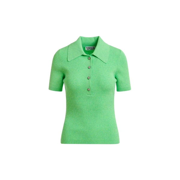 Essentiel Antwerp Green cotton-blend ribbed polo with rhinestone-encrusted buttons Top