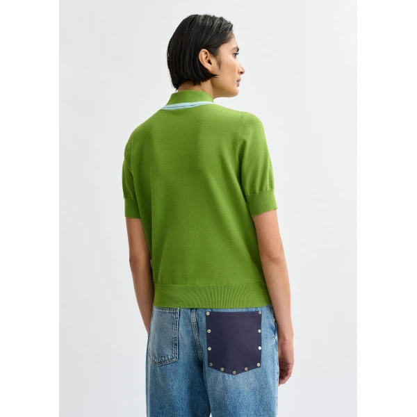 Essentiel Antwerp Green fine-knit polo with light blue scarf-like contrast collar Top, view 3