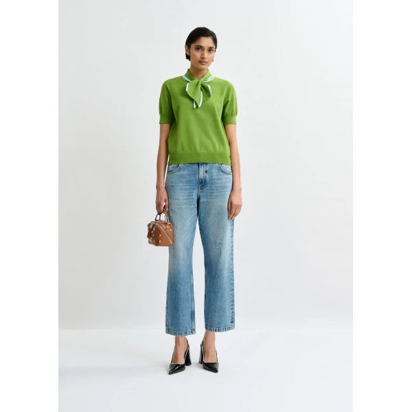 Essentiel Antwerp Green fine-knit polo with light blue scarf-like contrast collar Top, view 5