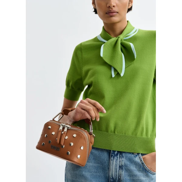 Essentiel Antwerp Green fine-knit polo with light blue scarf-like contrast collar Top, view 6