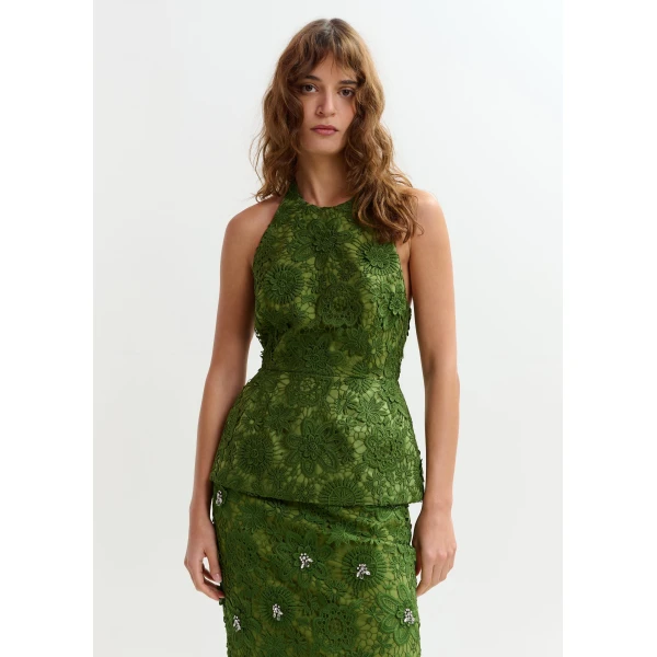 Essentiel Antwerp Green floral lace halter peplum top, view 2