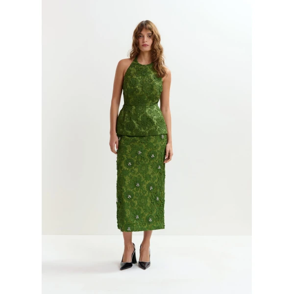 Essentiel Antwerp Green floral lace halter peplum top, view 6