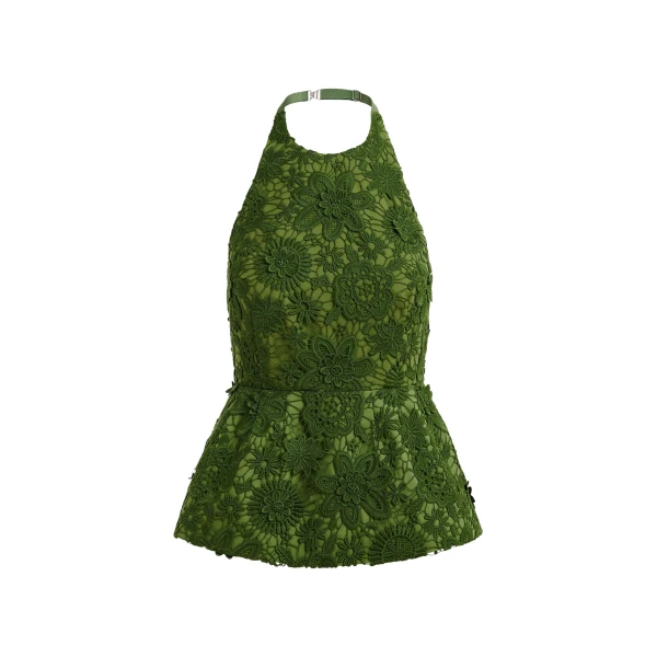 Essentiel Antwerp Green floral lace halter peplum top