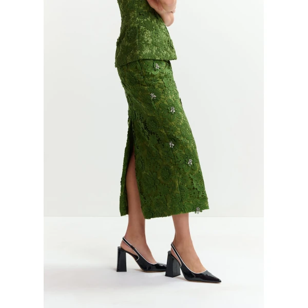 Essentiel Antwerp Green floral lace pencil skirt with rhinestone embellishments, view 5