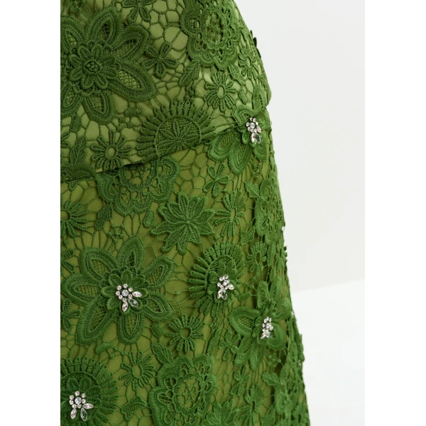 Essentiel Antwerp Green floral lace pencil skirt with rhinestone embellishments, view 6