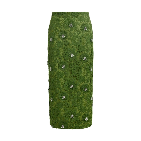 Essentiel Antwerp Green floral lace pencil skirt with rhinestone embellishments