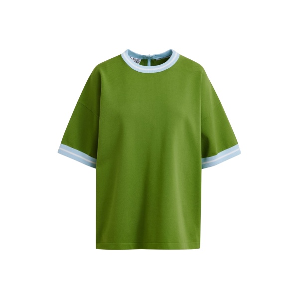 Green knit T-shirt with light blue contrasting trim