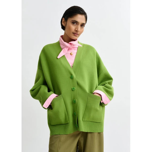 Essentiel Antwerp Green knit cardigan with tonal flower buttons, view 2