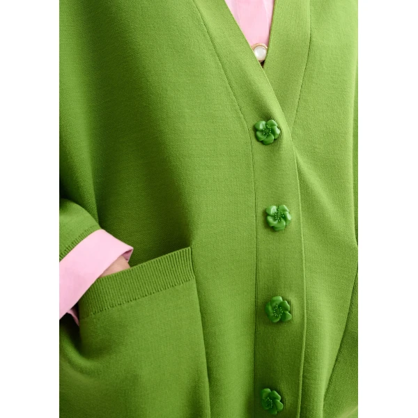 Essentiel Antwerp Green knit cardigan with tonal flower buttons, view 3