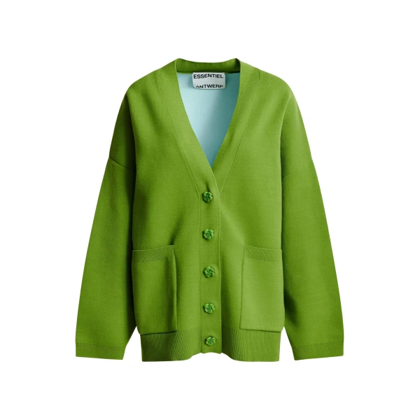 Essentiel Antwerp Green knit cardigan with tonal flower buttons