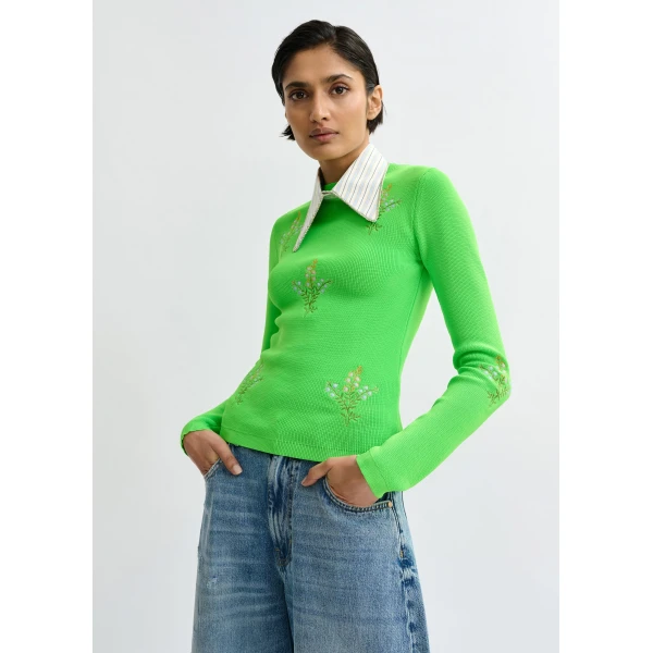 Essentiel Antwerp Green knitted sweater with floral embroideries, view 2