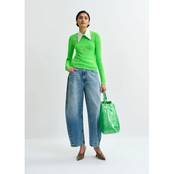 Essentiel Antwerp Green knitted sweater with floral embroideries, view 5