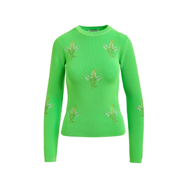 Essentiel Antwerp Green knitted sweater with floral embroideries