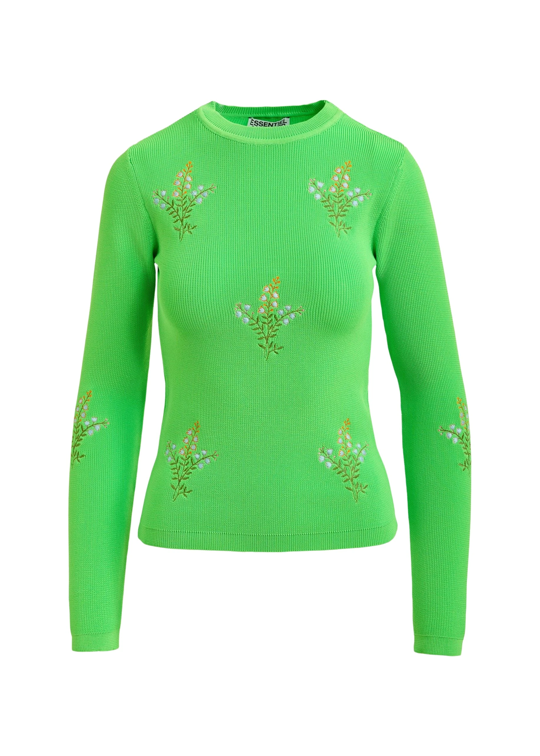 Green knitted sweater with floral embroideries