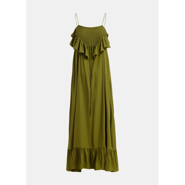Essentiel Antwerp Green maxi dress with ruffled neckline and tie-back detail, view 2