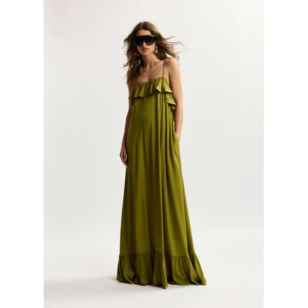 Essentiel Antwerp Green maxi dress with ruffled neckline and tie-back detail, view 3