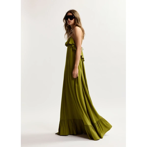 Essentiel Antwerp Green maxi dress with ruffled neckline and tie-back detail, view 4