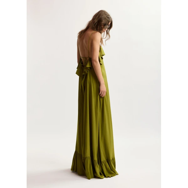 Essentiel Antwerp Green maxi dress with ruffled neckline and tie-back detail, view 5