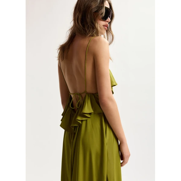 Essentiel Antwerp Green maxi dress with ruffled neckline and tie-back detail, view 6