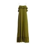 Essentiel Antwerp Green maxi dress with ruffled neckline and tie-back detail