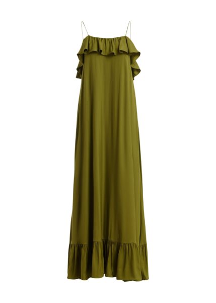 Green maxi dress with ruffled neckline and tie-back detail