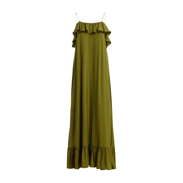 Essentiel Antwerp Green maxi dress with ruffled neckline and tie-back detail