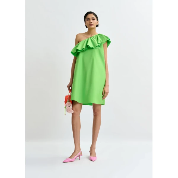 Essentiel Antwerp Green one-shoulder mini dress with ruffle details, view 3