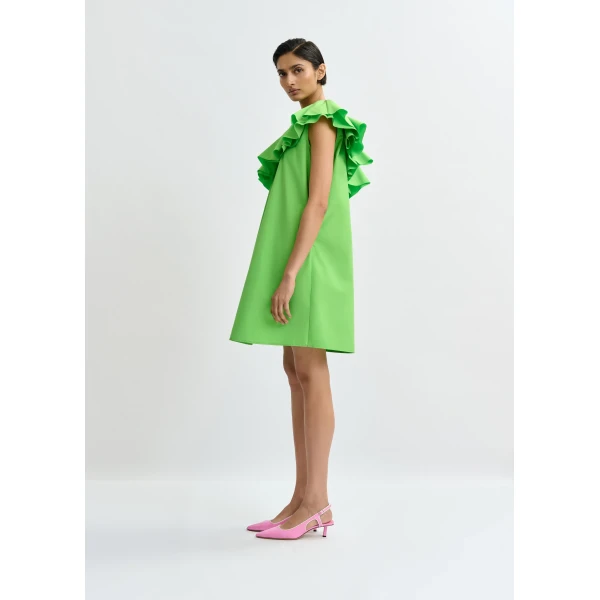 Essentiel Antwerp Green one-shoulder mini dress with ruffle details, view 4