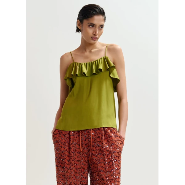 Essentiel Antwerp Green ruffled camisole top with tie-back detail, view 3